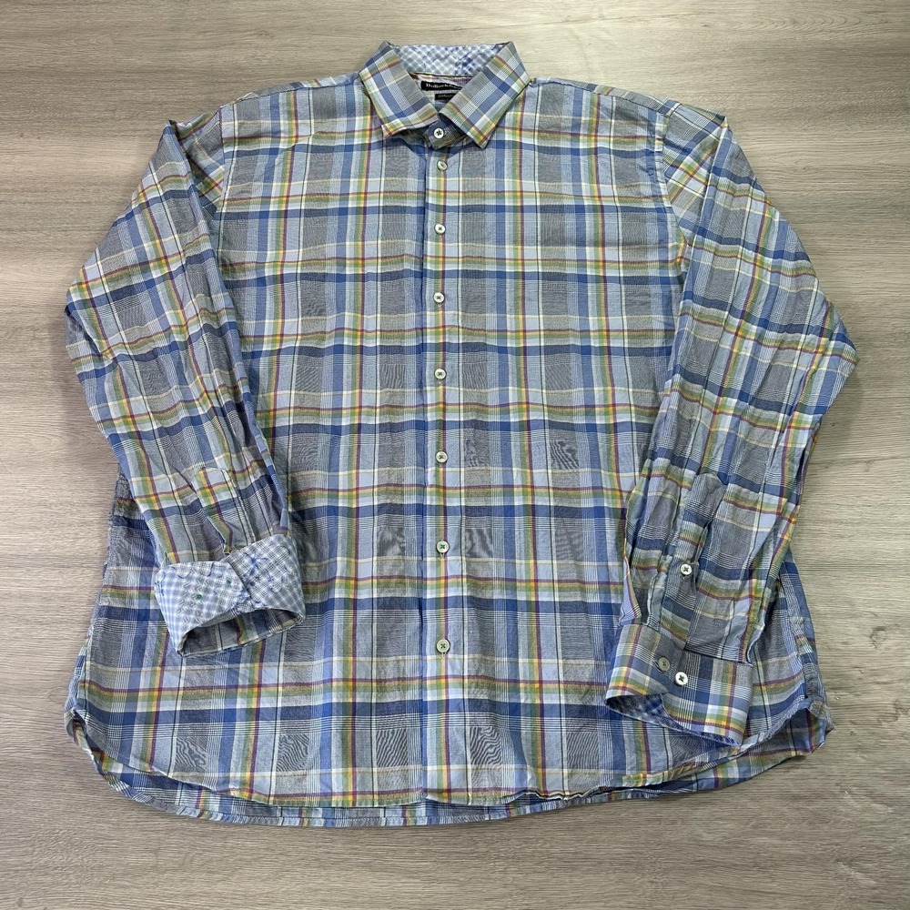 Bullock & Jones Shirt Mens XL Blue Plaid‎ Button Down Contemporary Canada Cotton